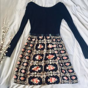 Black Fit and Flare Dress with Floral Bottom